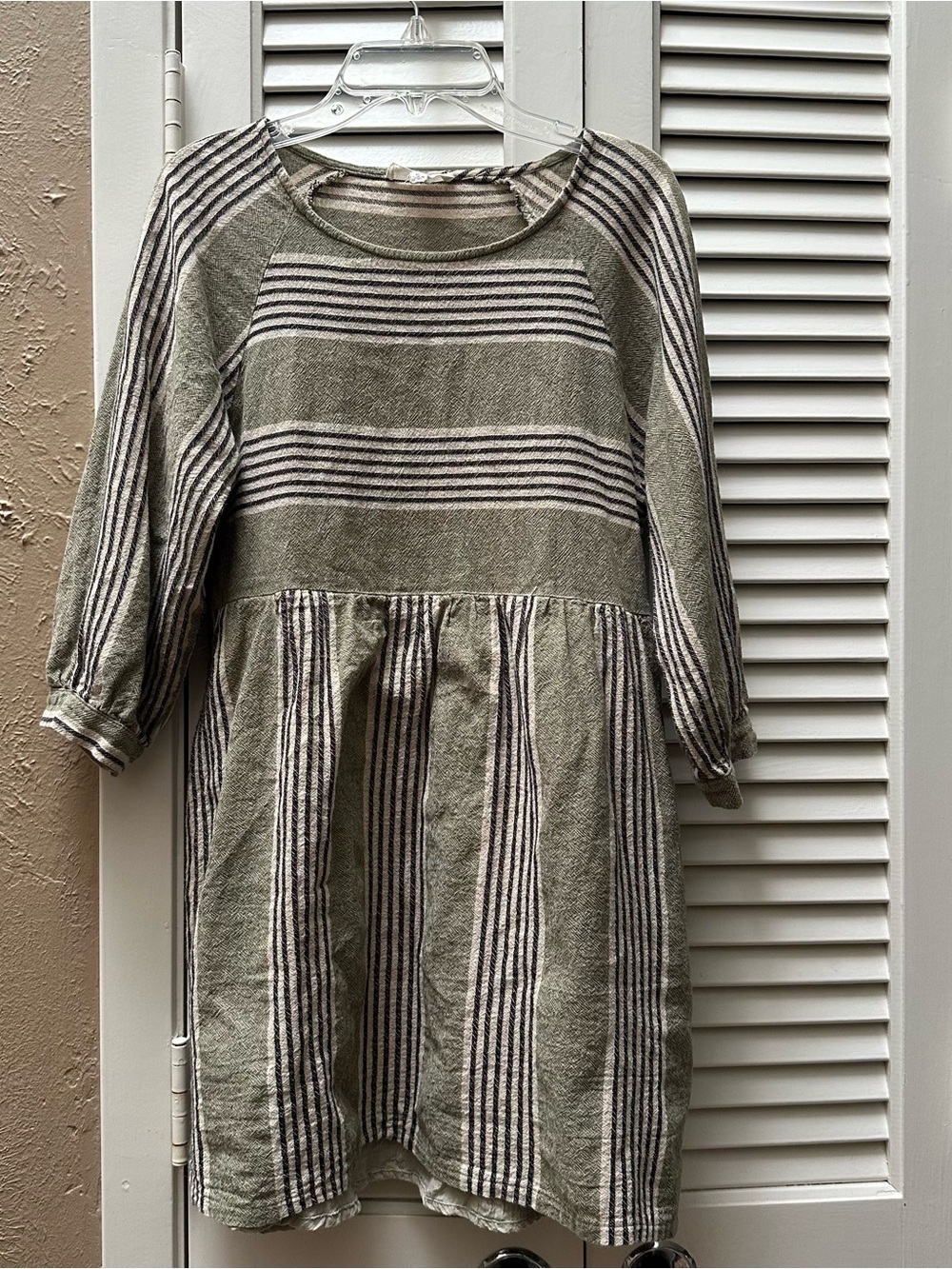 entro Olive Green and Cream Striped Babydoll Gathered-Waist Dress or Top